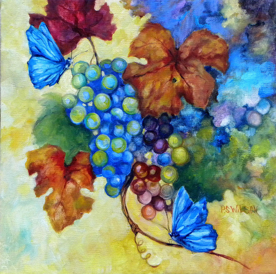 900x894 Blue Butterflies And Grapevine Painting By Peggy Wilson - Grape Vine Painting