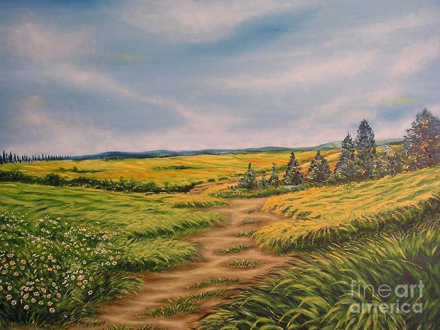 900x675 Landscape Field Grass Trees And Road Painting By Drinka Mercep - Grass Field Painting