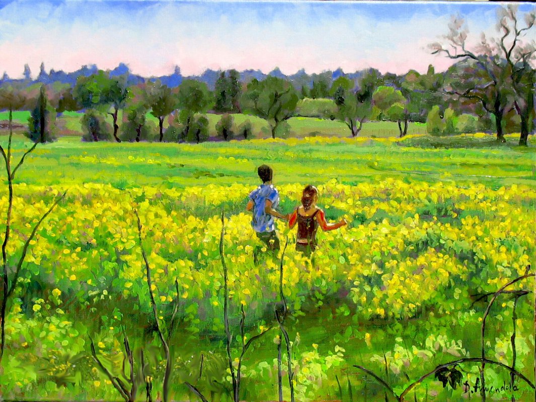 1065x800 Running In The Mustard Field - Grass Field Painting
