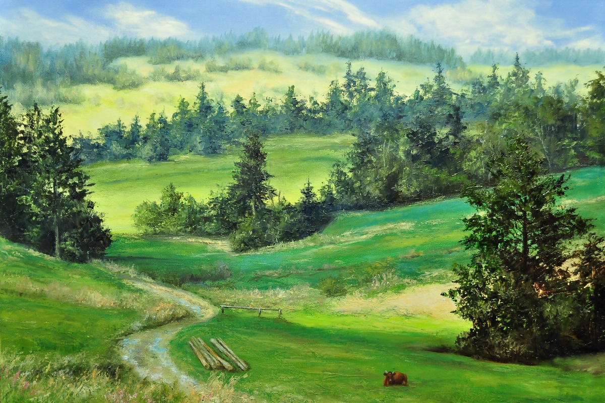 1200x800 Artistic Green Nature Landscape Trees Grass Field Kd849 Living - Grass Field Painting