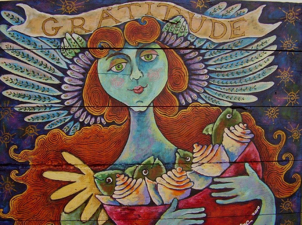 1000x746 The Angel Of Gratitude Folk Art Painting On Old Wood By Dee - Gratitude Painting
