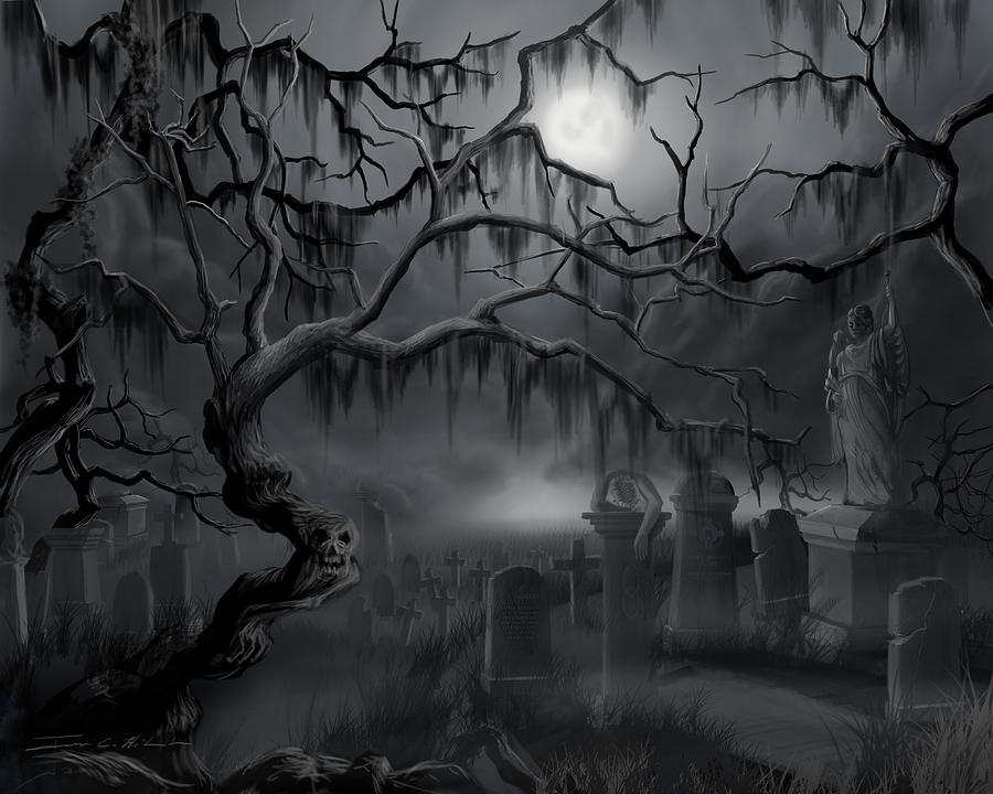 900x720 Midnight In The Graveyard Painting By James Christopher Hill - Graveyard Painting