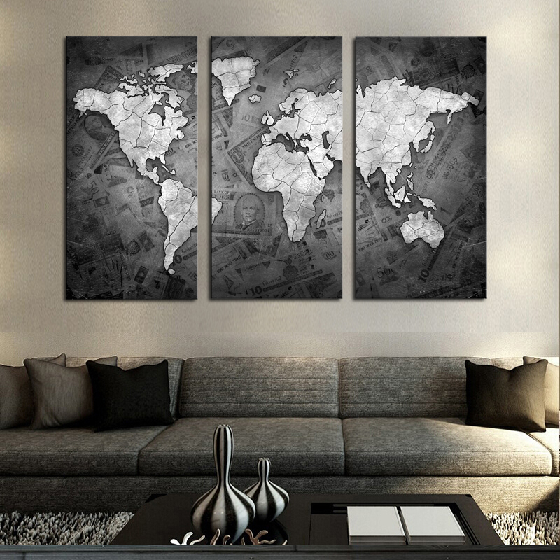 800x800 Clstrose Limited Frameless 3 Pcs Wall Art Grey Color Modern World - Gray Canvas Painting
