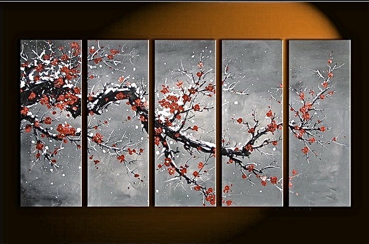 740x489 5 Piece Gray Wall Art, Floral Large Pictures, Oil Painting Photo - Gray Canvas Painting