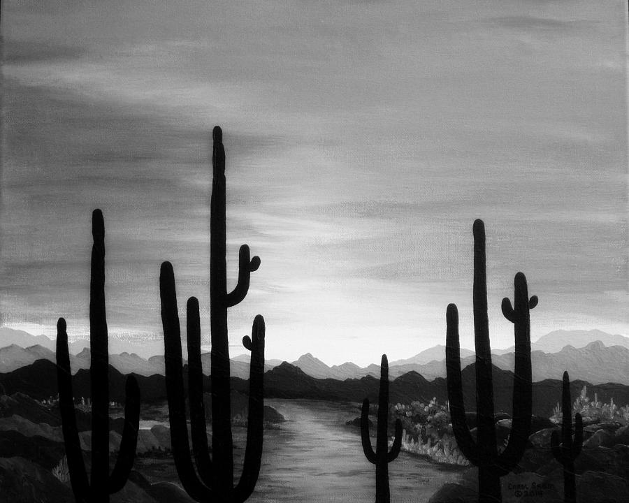900x720 Saguaro Sunset Grayscale Painting By Carol Sabo - Grayscale Acrylic Painting