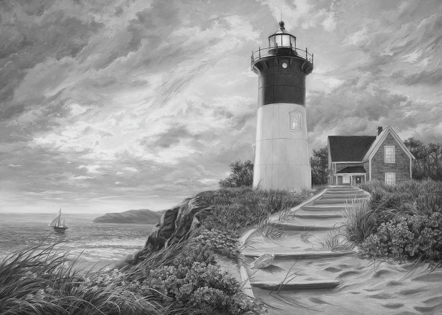 900x642 Lighthouse At Sunset - Grayscale Painting