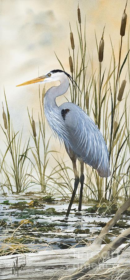 420x900 Heron And Cattails Painting By James Williamson - Great Blue Heron Painting