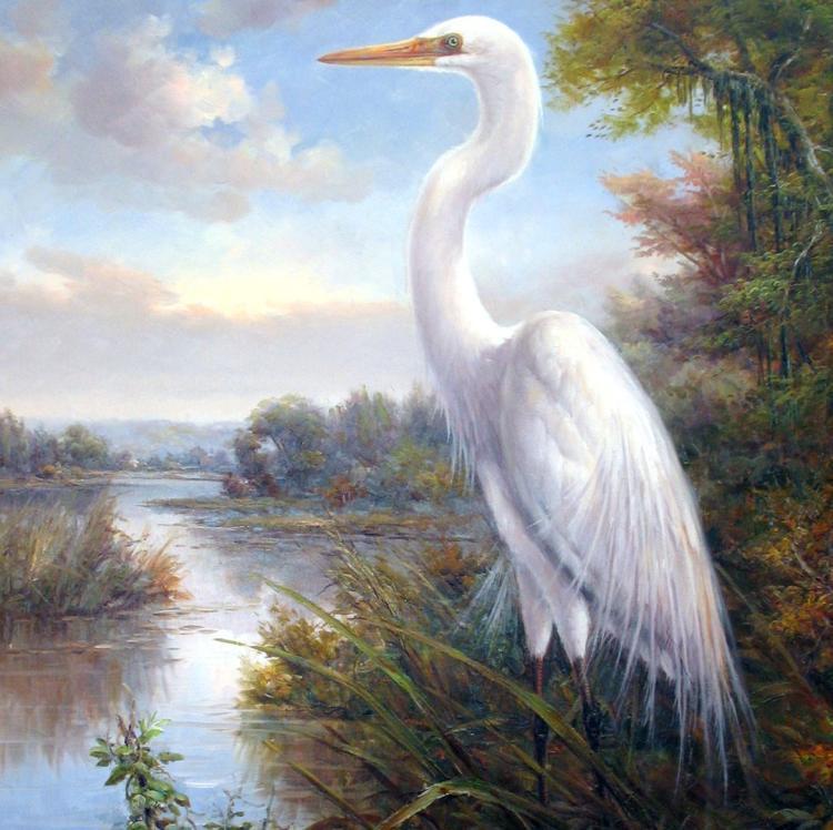 750x748 Marsh White Egret Painting Custom Framed Original Art - Great Egret Painting