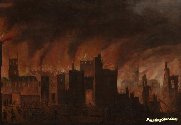 750x518 The Great Fire Of London Artwork By English School Oil Painting - Great Fire Of London Painting