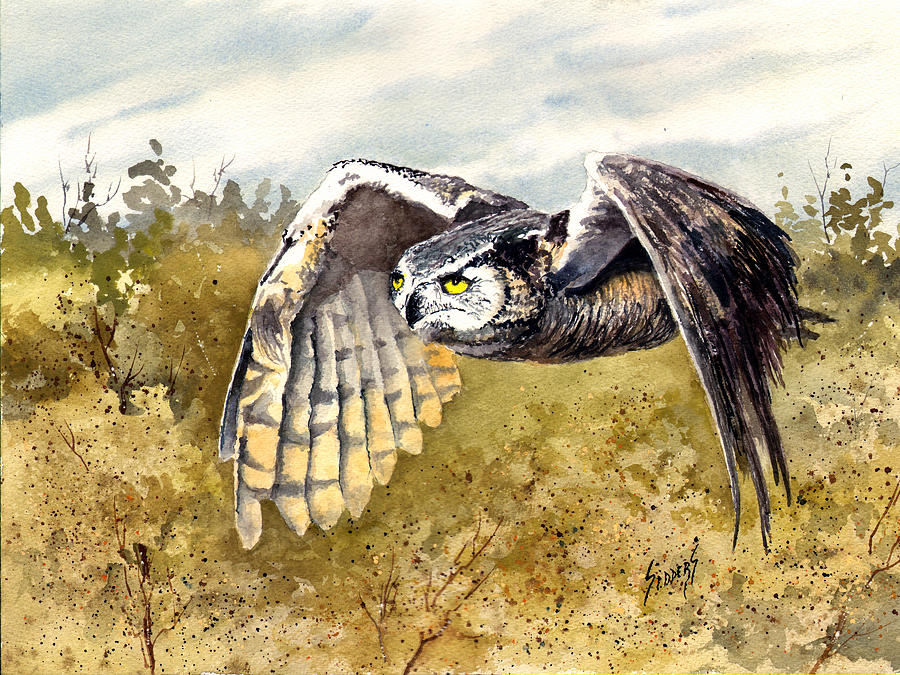 900x675 Great Horned Owl In Flight Painting By Sam Sidders - Great Horned Owl Painting