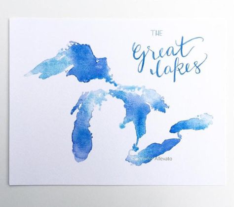 474x419 Great Lakes Watercolor Art Print Blue Home Decor Watercolor Art - Great Lakes Painting