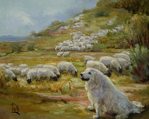 300x240 On Guard Painting By Lilli Pell - Great Pyrenees Painting