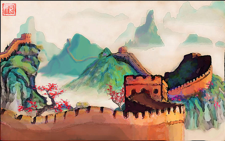 900x564 Golden Great Wall Watercolor Painting By Tim Rampy - Great Wall Of China Painting