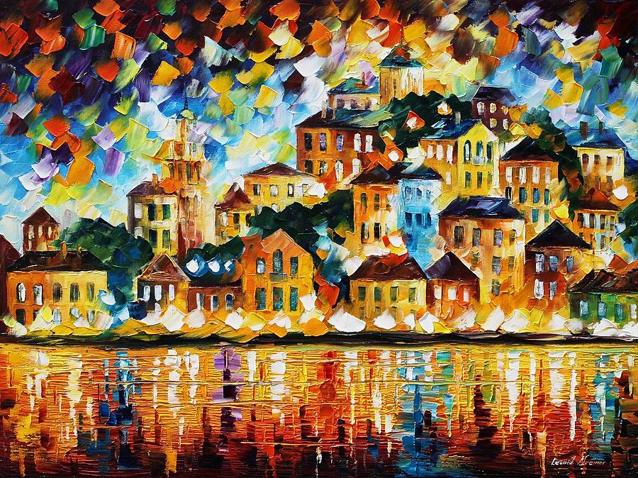 900x674 Greek Harbor At Night Painting By Leonid Afremov - Greek Art Painting