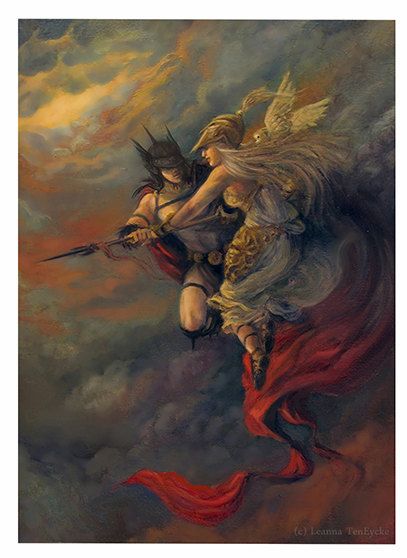 407x558 Athena And Ares Greek Goddess God Mythology Aceo Fantasy Art - Greek God Of Painting