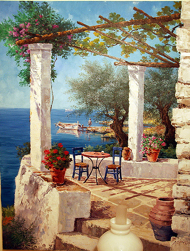 379x500 Greek Seaside Scene I Bought This Oil Painting 12 Years - Greek Oil Painting