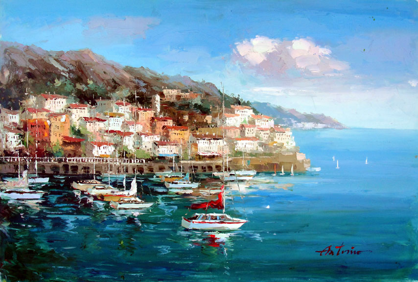 854x576 Greek Village By The Sea 2 By Antonio - Greek Oil Painting