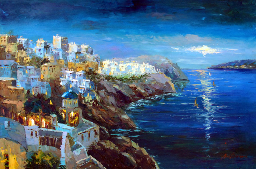 870x576 Greek Village By The Sea 4 By Antonio - Greek Oil Painting