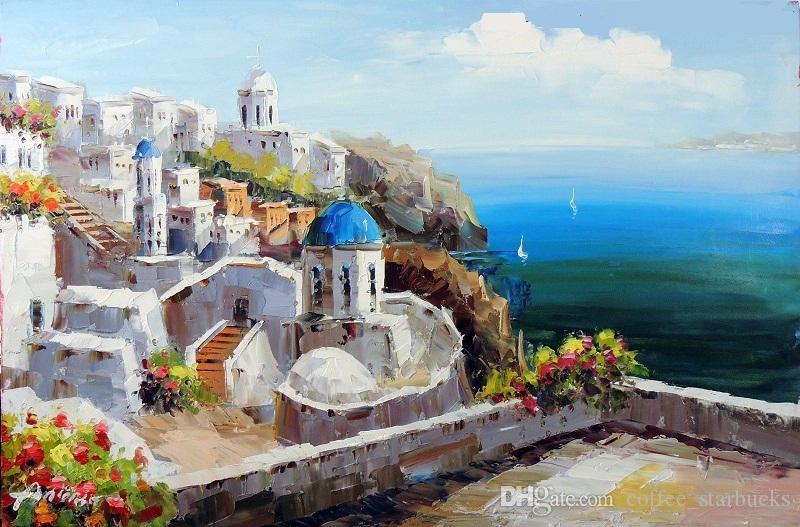 800x527 2018 Framed Greek Isle Santorini Church Flowers Ocean Seascape - Greek Oil Painting