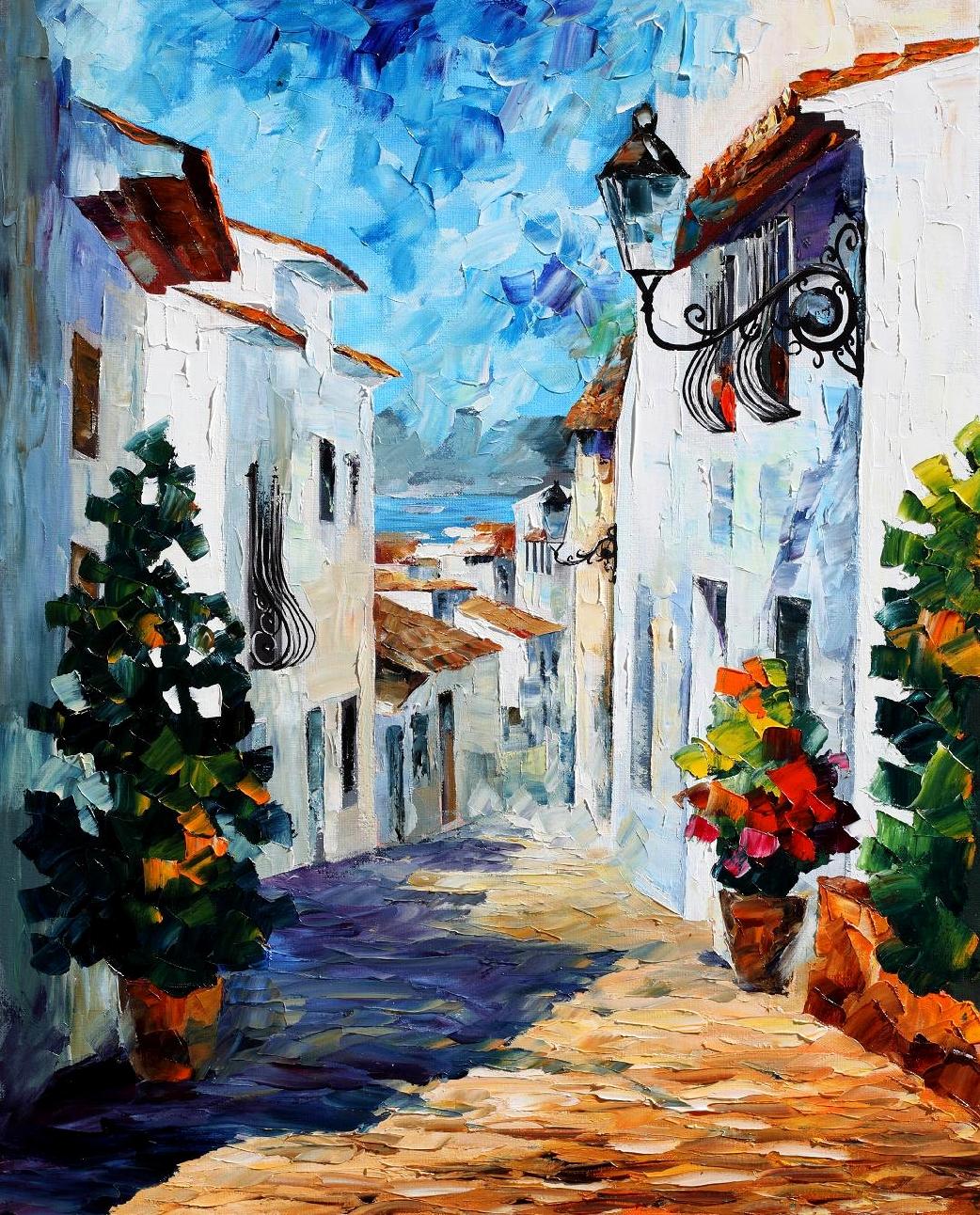 1042x1292 White Street Palette Knife Oil Painting On Canvas By Leonid - Greek Oil Painting