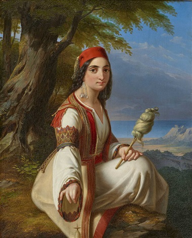 380x470 A Greek Woman With A Spindle In Coastal Landscape By Paul Emil - Greek Woman Painting