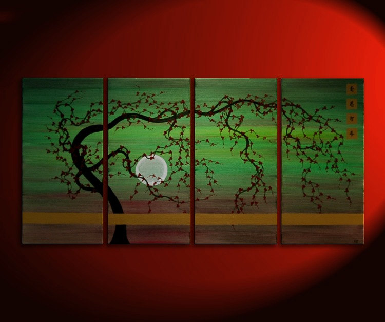 750x627 Large Tree Painting Green Abstract Plum Blossom Art Modern - Green Abstract Painting