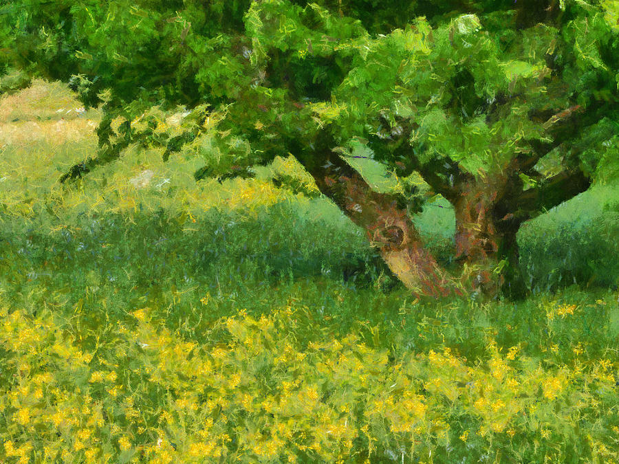 900x675 Green Spring Meadow With Yellow Flowers And Tree - Green And Yellow Painting