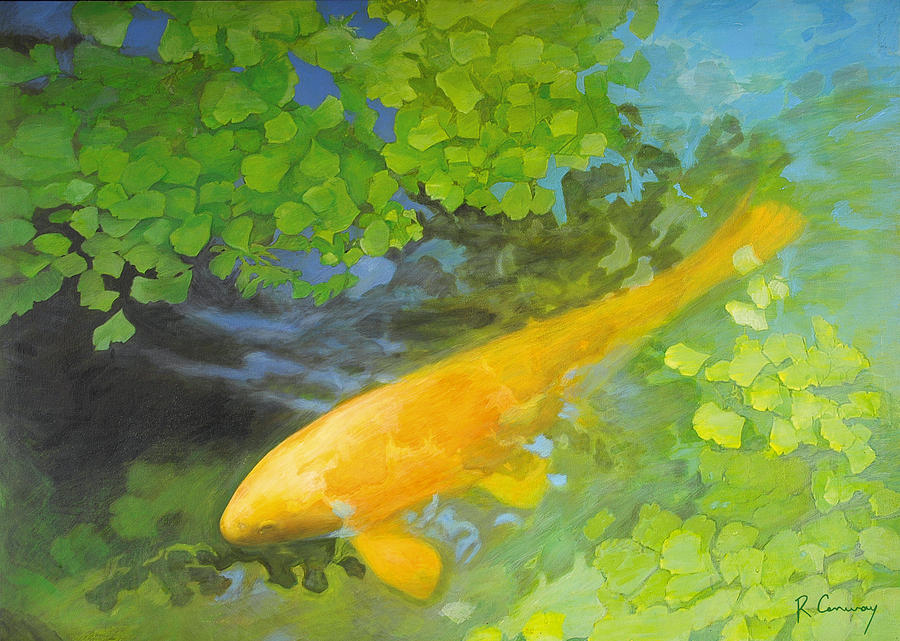 900x641 Yellow Carp In Green Painting By Robert Conway - Green And Yellow Painting