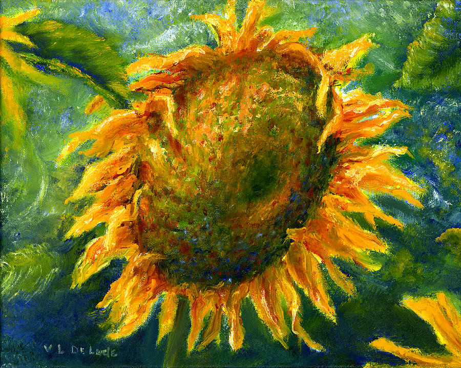 900x719 Yellow Sunflower Art In Blue And Green Painting By Lenora De Lude - Green And Yellow Painting