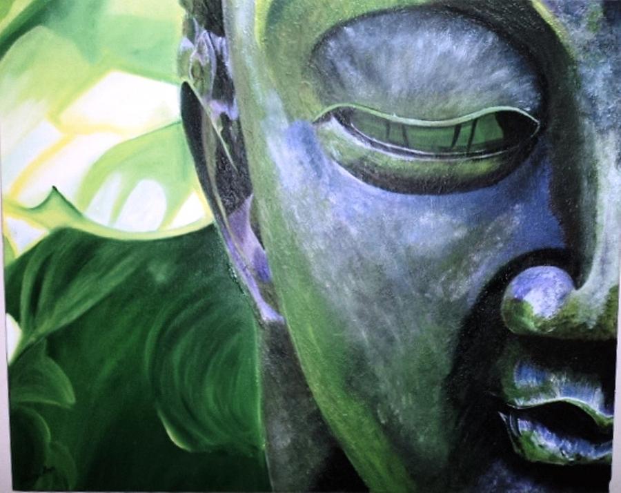 900x714 Green Buddha Statue Painting Painting By Anuradha Gupta - Green Buddha Painting