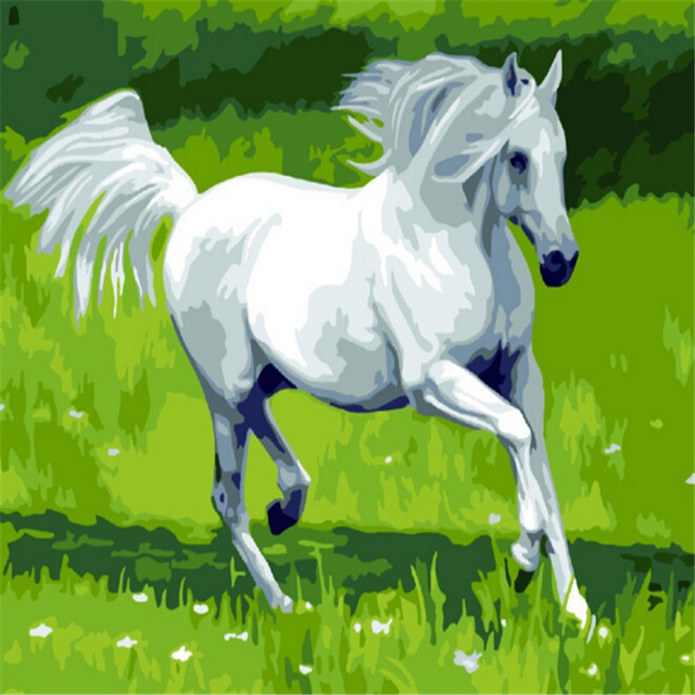 640x640 White Horse Running Green Grass Picture Painting By Numbers Modern - Green Grass Painting