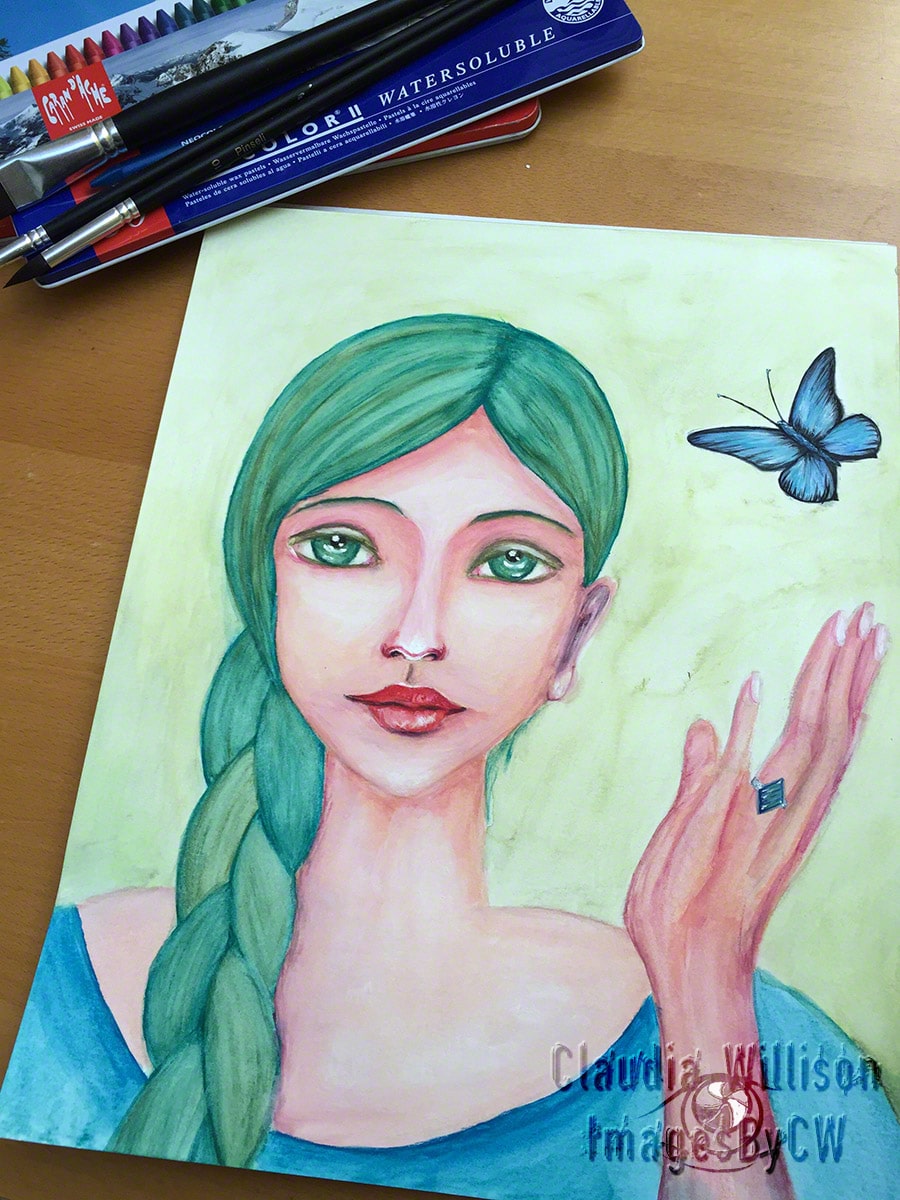900x1200 Green Lady Amp Blue Butterfly Sarturday By Claudia Willison - Green Lady Painting