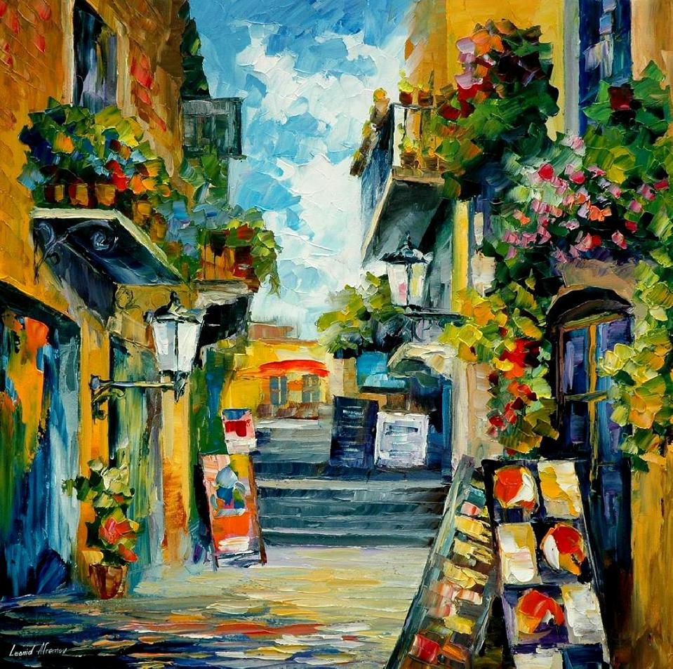 959x953 Green Balconies Palette Knife Oil Painting On Canvas By Leonid - Green Painting On Canvas