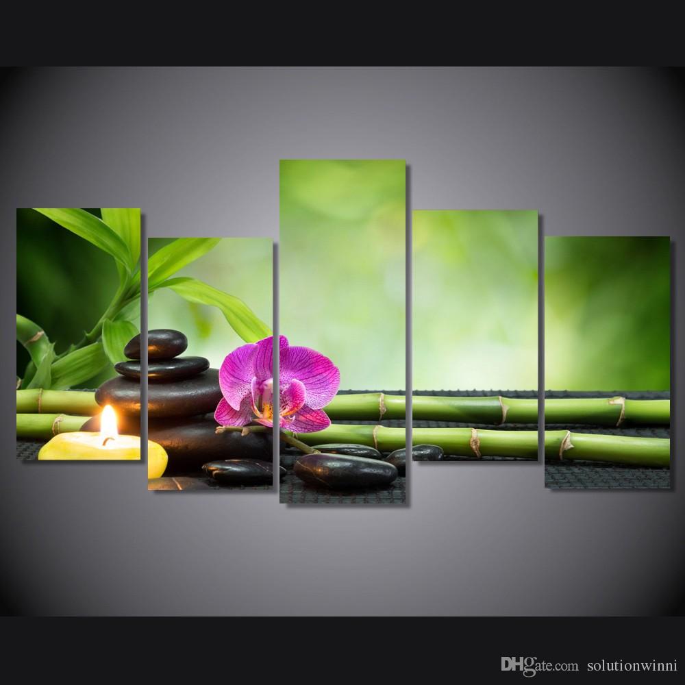 1000x1000 2018 5 Panel Hd Printed Candles Orchids Bamboo Painting On Canvas - Green Painting On Canvas