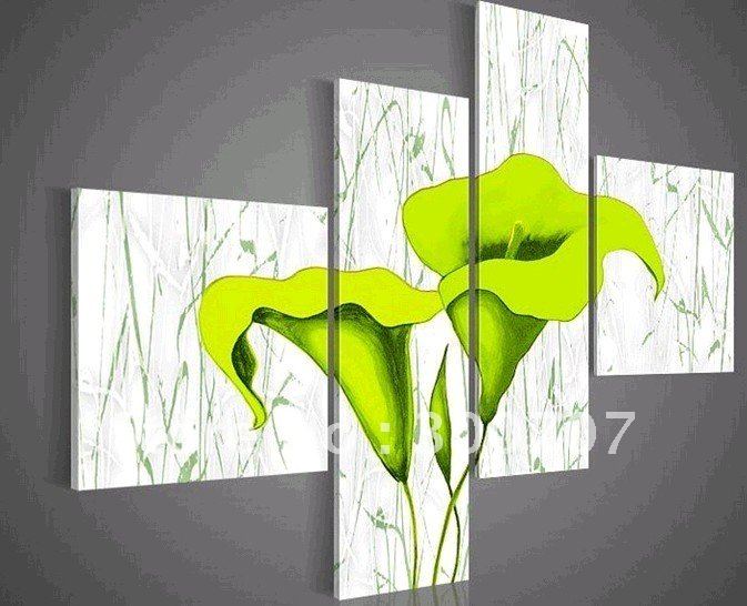 673x546 Hand Painted Oil Wall Art Pale Green Beautiful Flowers Decoration - Green Painting On Canvas
