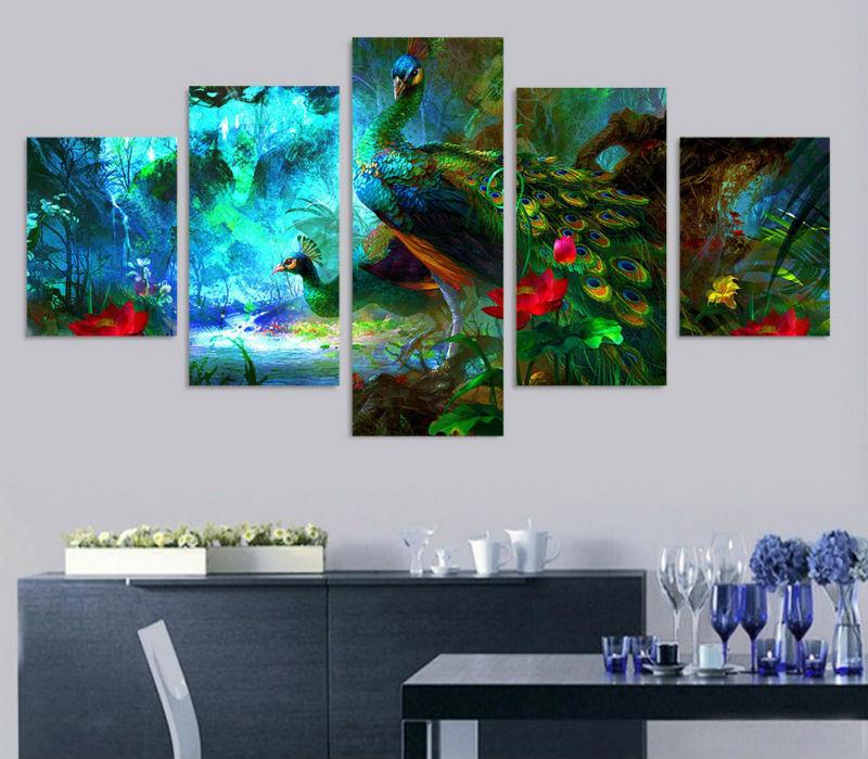 800x699 5 Panel Colorful Peacock Painting On Canvas Urban Street Canvas - Green Painting On Canvas
