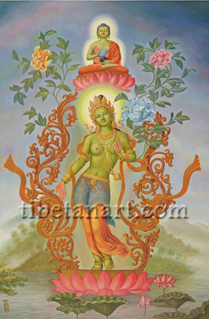 300x458 Green Tara With Amoghasiddhi Giclee Print By Devendra Man Sinkhwal - Green Tara Painting