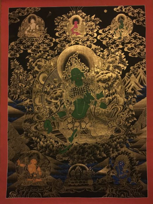 526x700 Large Hand Painted Thangka Painting, Green Tara Tibetnepal - Green Tara Painting