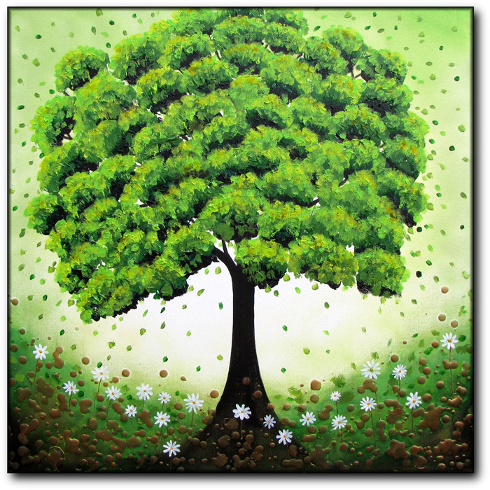 700x700 Green Tree And Daisy Flowers - Green Tree Painting