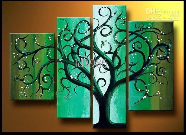 615x447 2018 Green Tree 4 Panel Huge Wall Decor Art Oil Painting 100 - Green Tree Painting