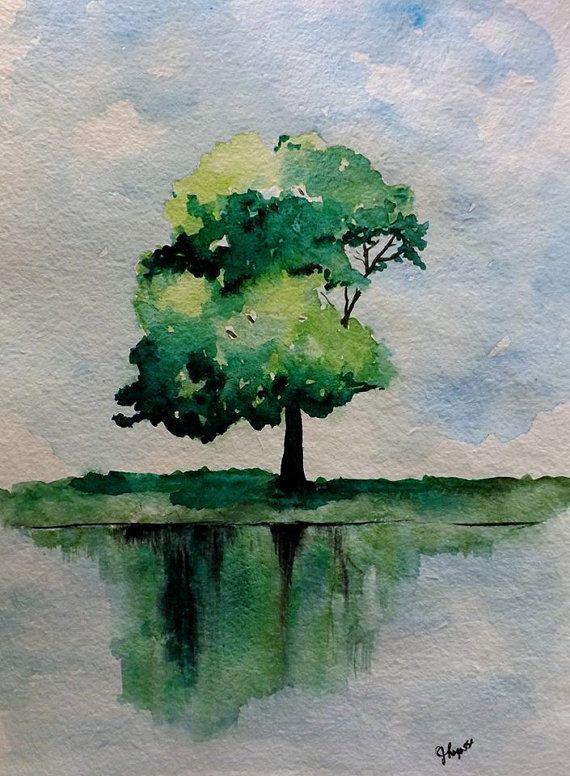 570x776 Original Watercolor Green Tree Painting Simple Reflection - Green Tree Painting