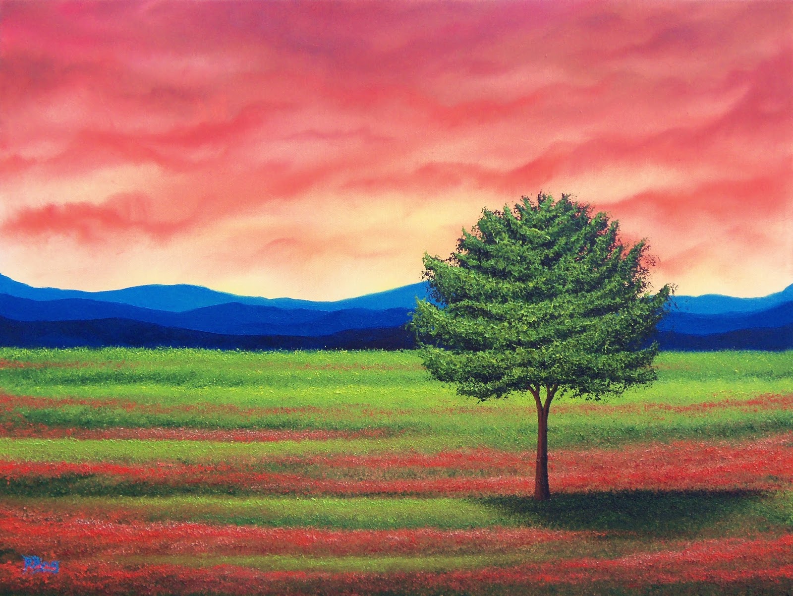 1600x1202 Red Sunset Painting, Green Tree Painting, Contemporary Decor, 18 X - Green Tree Painting
