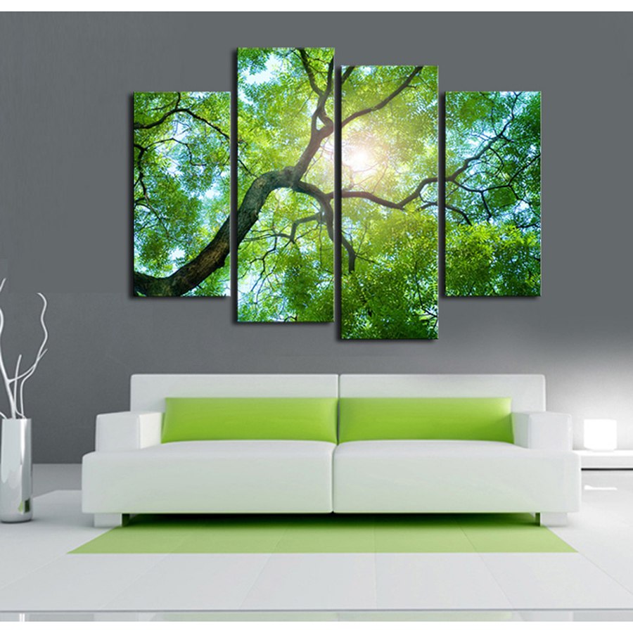 900x900 4 Panelsset Lush Green Trees Hd Canvas Painting Artwork, Hot - Green Tree Painting