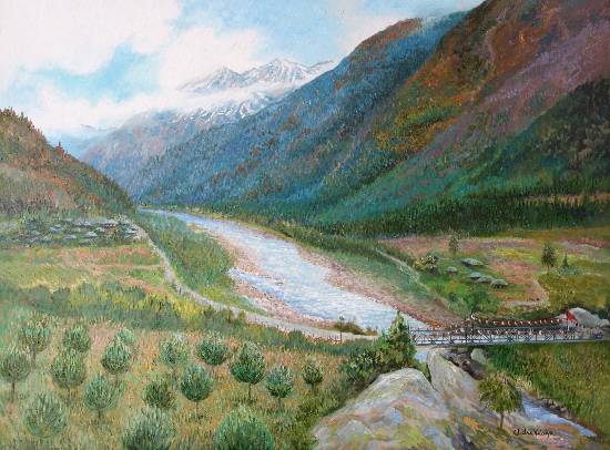 550x406 Rakcham, Sangla Valley, Painting By Professional Artist Chitra Vaidya - Green Valley Painting
