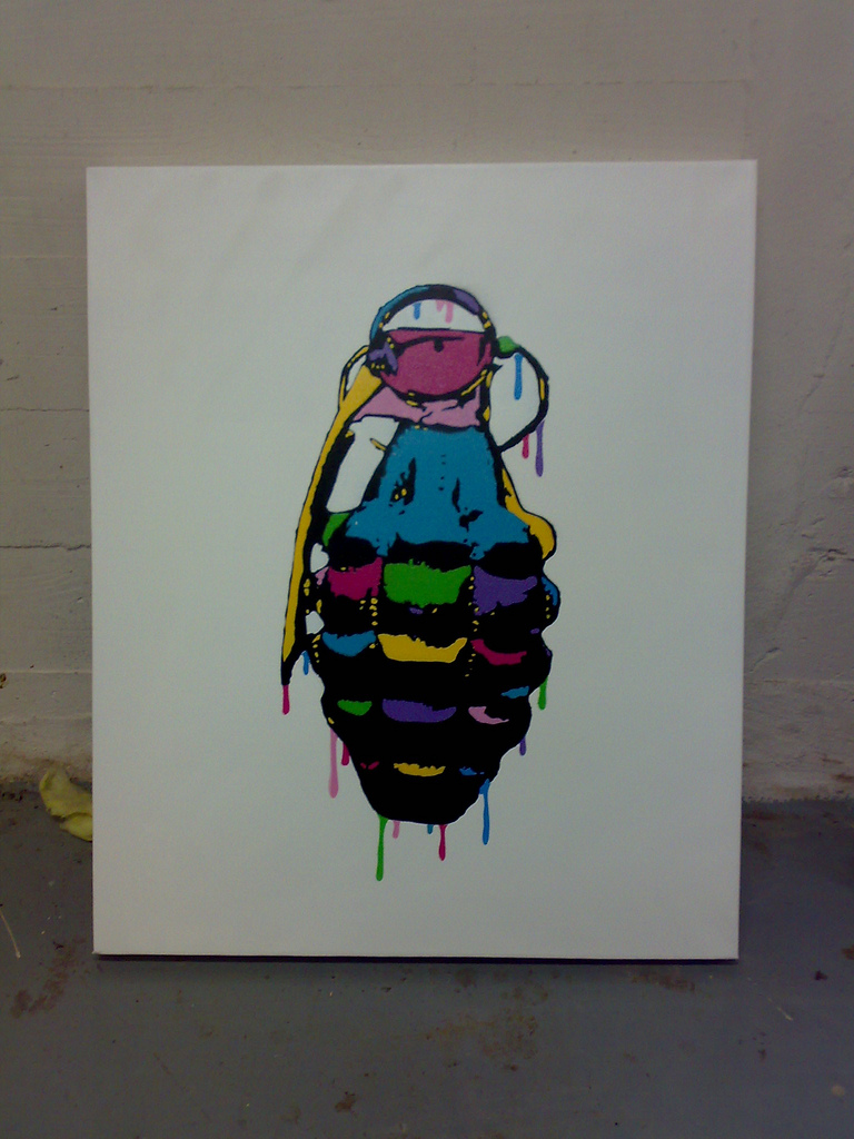 768x1024 Fake Grenade Stencil On A Box Canvas And In Real Life - Grenade Painting