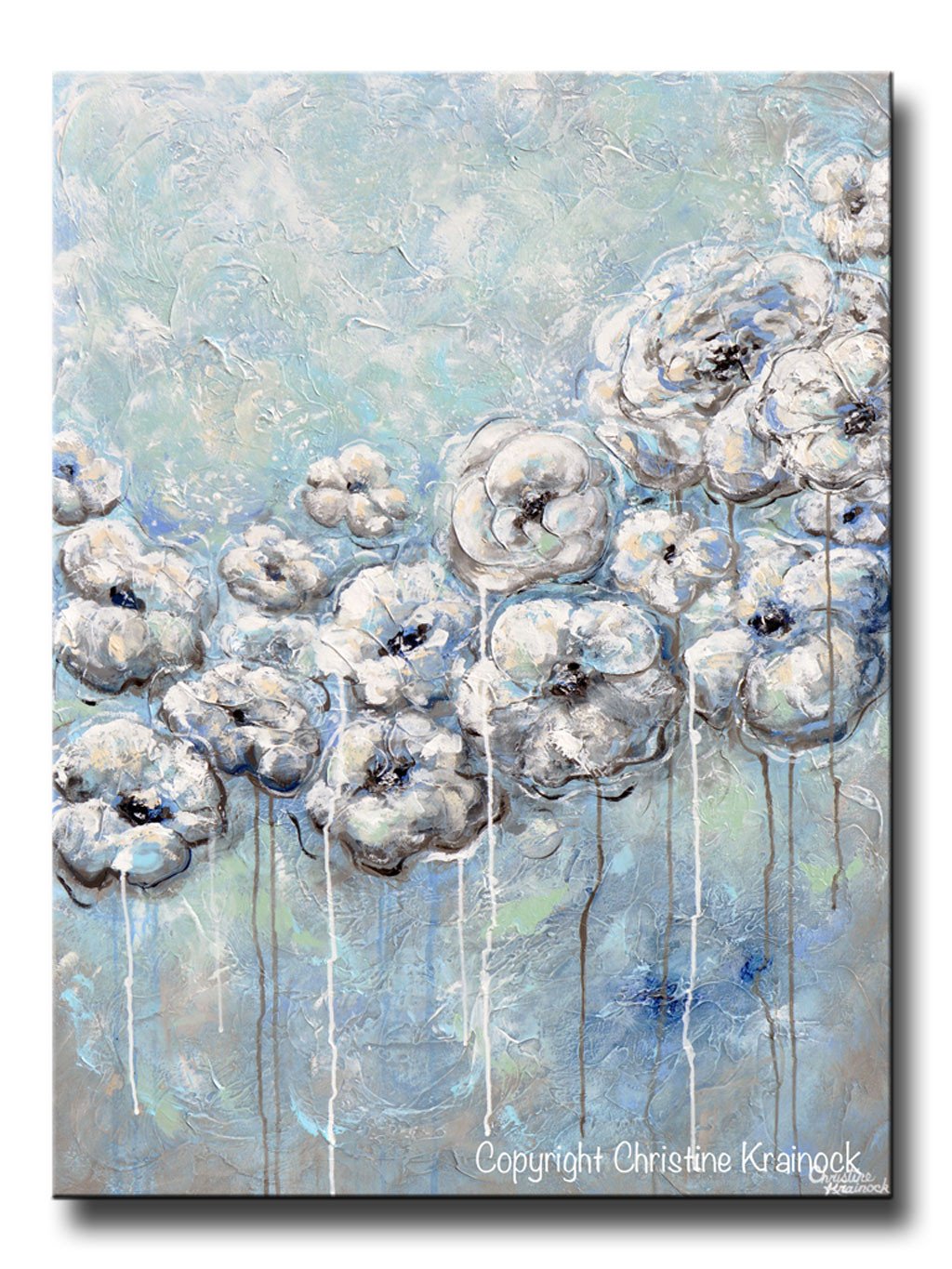 1024x1365 Giclee Print Art Abstract Blue White Flower Painting Canvas Print - Grey Abstract Painting