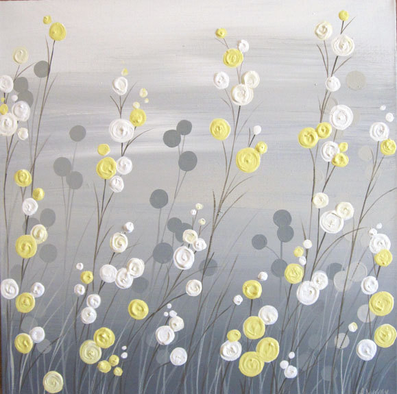 579x575 Wall Art Yellow Grey Whimsical Flower Field Textured Acrylic - Grey And Yellow Painting