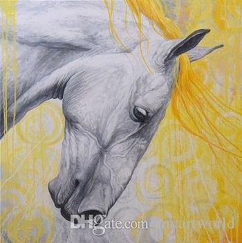 350x351 2018 Framed White Horse Grey Yellow,pure Hand Painted Wall Decor - Grey And Yellow Painting