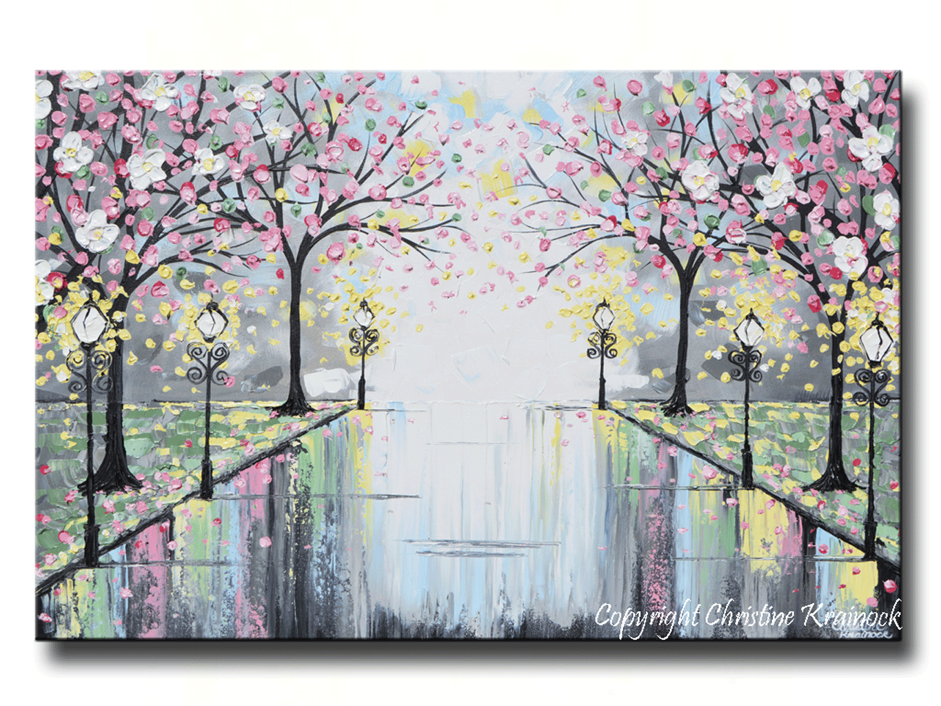 1365x1024 Giclee Print Art Abstract Painting Pink Blossoming Cherry Trees - Grey Canvas Painting