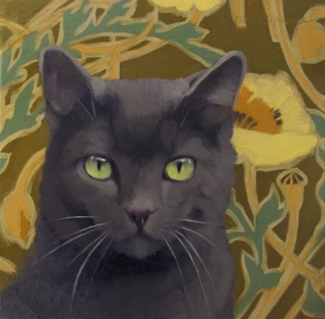 475x465 Poppy Cat Painting Of Gray Cat On Pattern Original Art Painting By - Grey Cat Painting
